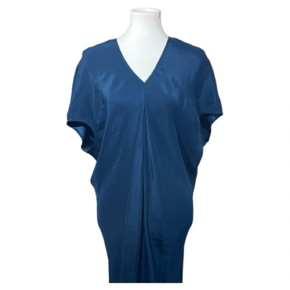Marie Oliver 100% Silk Kaftan Maxi Dress Blue XS Resort Caftan V-Neck Luxury